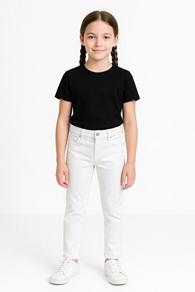 Trend Bebe Butik Beyaz Likralı Beli Ayarlanabilir Lastikli Düğmeli Kız Çocuk Pantolonu, Okul Pantolonu Yüksek Bel