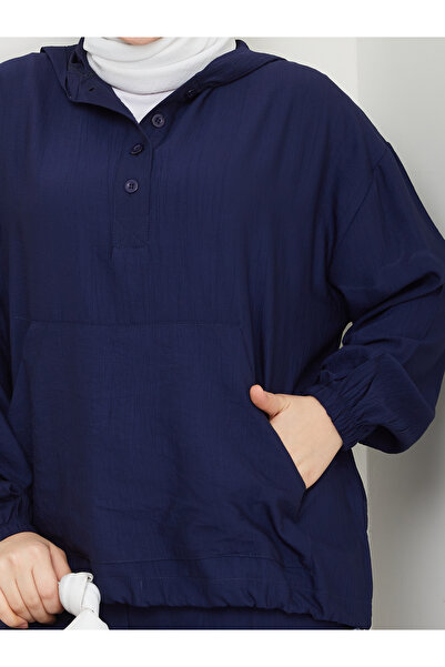 MODAMERSİ Жіночий темно-синій світшот з капюшоном і ґудзиками спереду, штани, комплект одягу для мусульманок