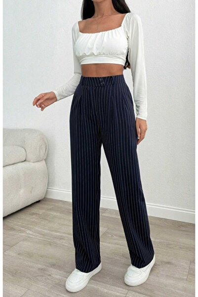 MOE BAG بنطال جينز بالازو مخطط باللون الأزرق الداكن للنساء