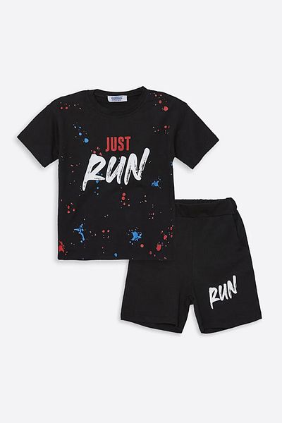 coppa kids 8 Years Old Girl and Boy Set - Coppa Black Run Printed Combed Cotton Shorts and T-shirt - Frnd00000002-55