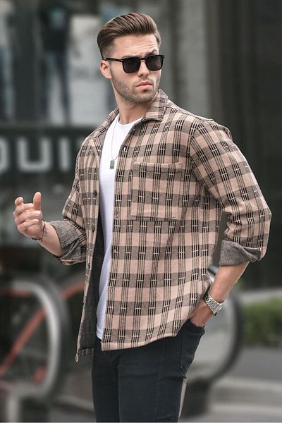 Madmext Beige Plaid Regular Fit Men's Shirt 6714