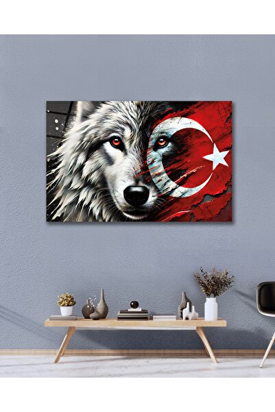 Çağ Baskı Türk Bayrağı Kurt Bozkurt Bayrak Cam Tablo Modern Ev Ofis Salon Oda...