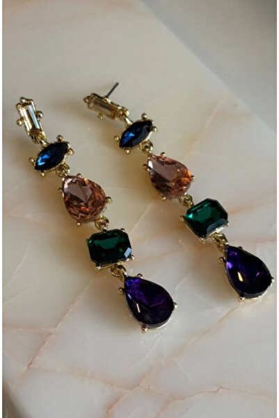 Ervalina Sallantılı Renkli Taşlı Y Küpe Altın Rengi