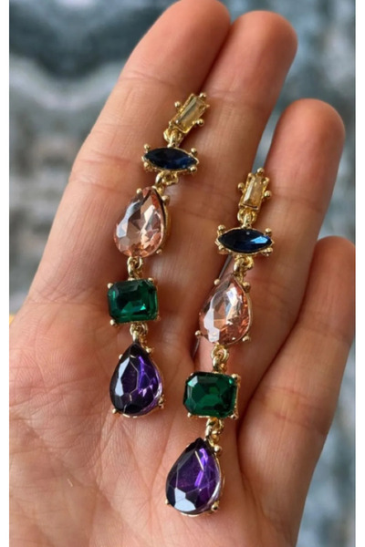 Ervalina Sallantılı Renkli Taşlı Y Küpe Altın Rengi