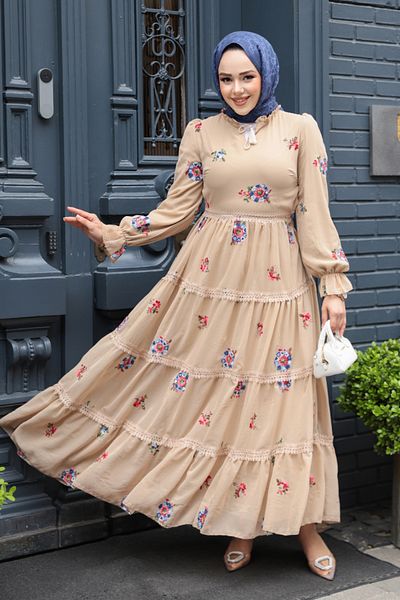 Neva Style Floral Patterned Beige Hijab Dress (32816Bej)