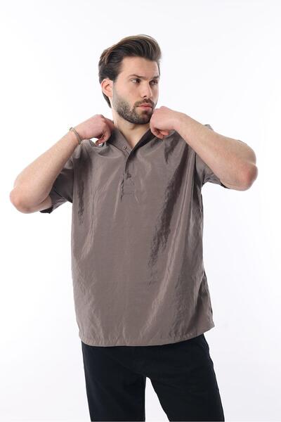 Madmext Kahverengi Oversize Rahat Kesim Kısa Kollu Gömlek 6744