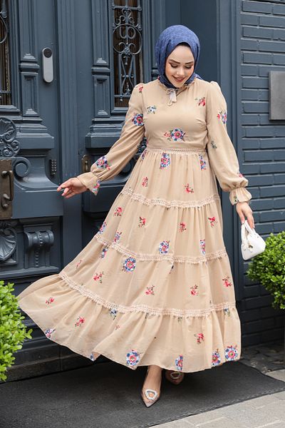 Neva Style Floral Patterned Beige Hijab Dress (32816Bej)