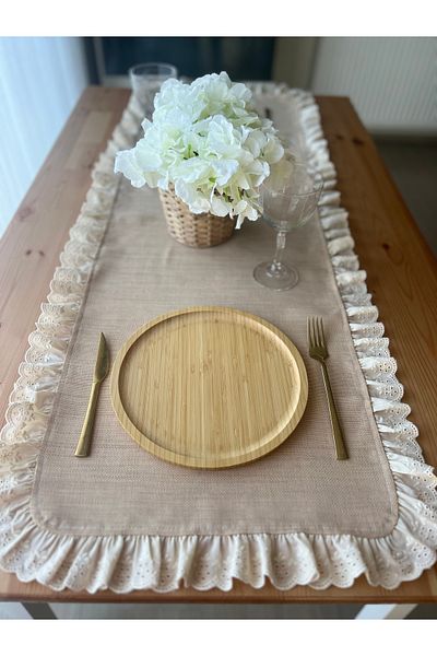 eyma home Λινάρι με εμφάνιση γιούτας Χτενοειδής βολάν δρομέας 45x130cm (ανθεκτικό στους λεκέδες)