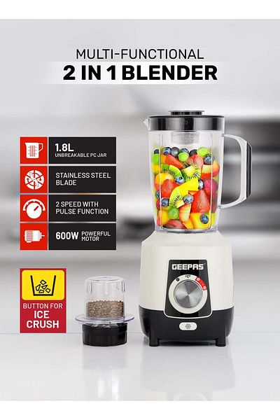 Geepas 2-in-1 Blender, Powerful Motor With 2 Speed Setting and Pulse