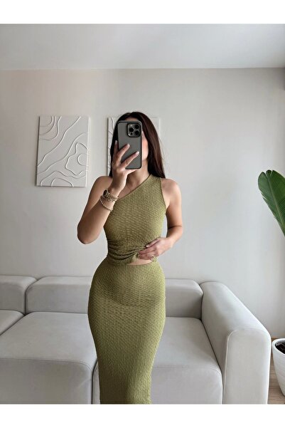 Zoom Butik One Shoulder Crop Slit Skirt Set - Green
