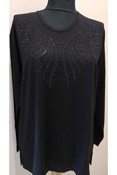 Nacar Kadın Siyah Anne Taşlı Penye Bluz