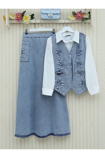 Modamorfo Fusta cu model cu talie elastică vestă fustă costum denim - Ice Blue