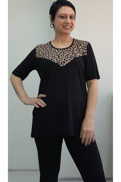 Mertcan Butik Black Front Tan Leopard Print Short-Sleeved Combed Viscose T-Shirt