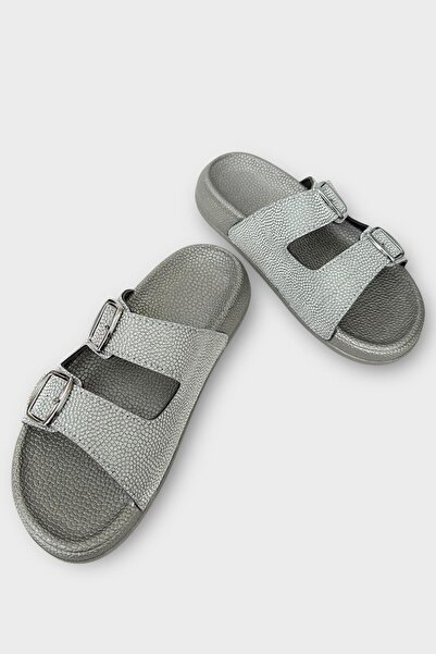 Liger Women's Silvery Double Band Adjustable Buckle Slippers Smoked