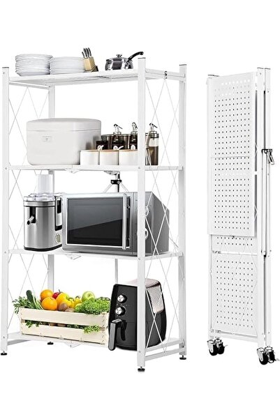 BUNCA رفوف تخزين قابلة للطي مع عجلات، 4 طبقات، أبيض