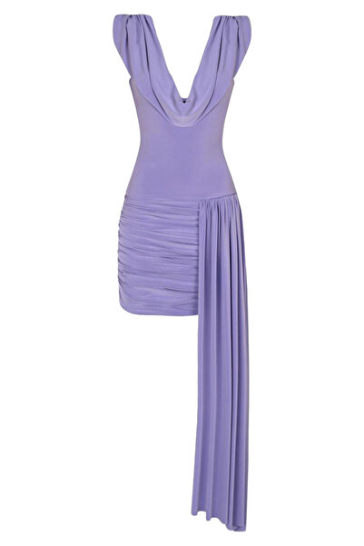 Whenever Company Lila Degaje Yaka Drapeli Asimetrik Uzun Drape Detaylı Mini Elbise