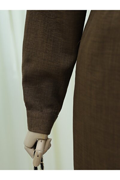 Modamorfo Half Button Stand Collar Tie Waist Linen Dress - Brown