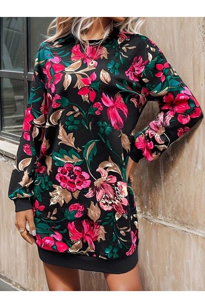 ESSFASIHON Rochie de scafandru cu mânecă lungă, cu decolteu, cu imprimeu floral, pentru femei