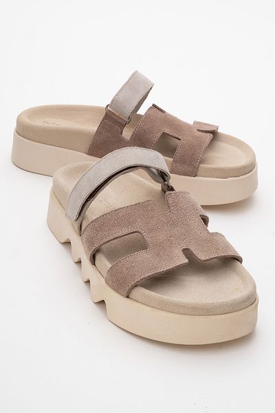 Dericlub Zy 7946 Mink - Γυναικείες καθημερινές παντόφλες Velcro και διπλές ταινίες Suede Leather