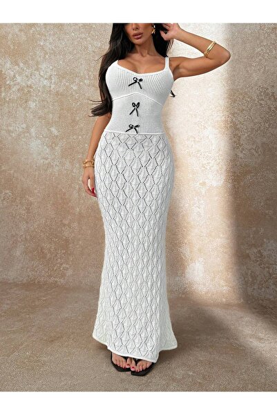 MARLİNG δαντελωτή πλέξη πλεκτό φόρεμα παραλίας με λουράκια