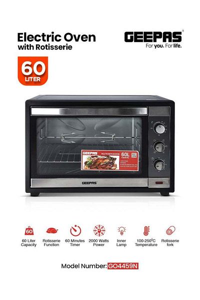 Geepas Electric Oven with Convection and Rotisserie Function, 4 Knobs and Temperature Control, 60 L 2000 W