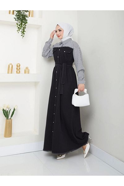 EFSUN MODA 775 Cămașă cu mâneci zgâriate neagră și rochie din denim detaliată