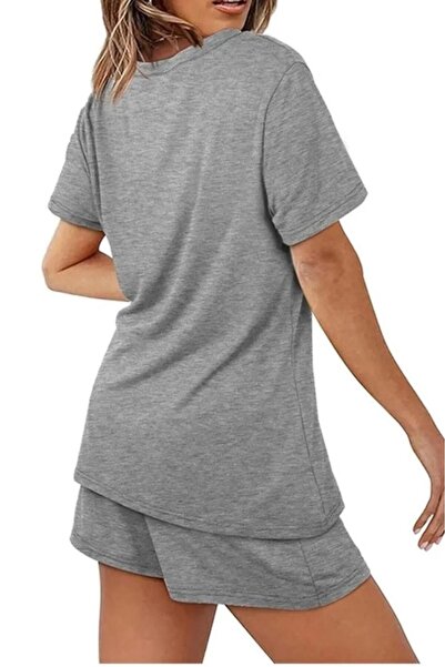 stg spor toptan giyim Women's Grimelange Stargirl Printed Oversize Tshirt Gray Combed Cotton Shorts Set