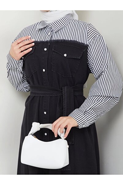 EFSUN MODA 775 Black Scratched Sleeve Shirt and Detailed Denim Dress Testetür