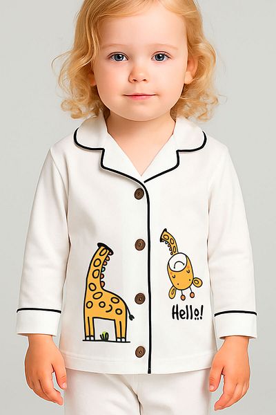 peki baby&kids Well Girl Boy Soft Combed Cotton Hello Giraffe Print Line Piping Pajama Set 18805