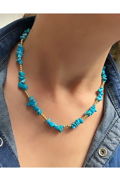 Kutcha Accessories Turquoise Natural Stone Necklace – Handmade Design with Gold Detail