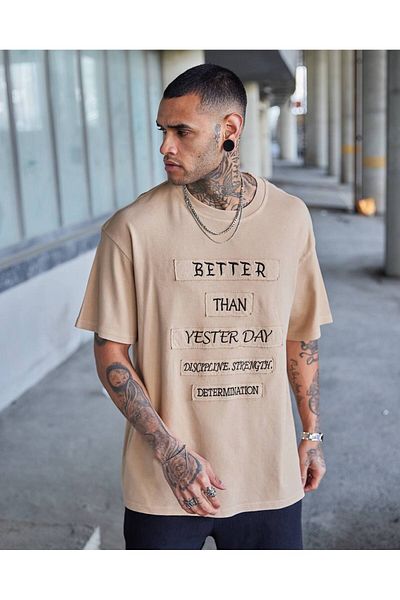 THIMOON Men's Beige Oversize Design T-Shirt Comfortable Fit 100% Cotton