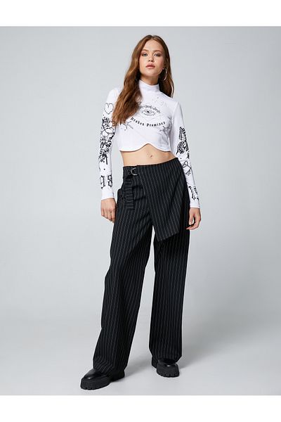 Koton Crop T-shirt με μακρυμάνικο εμπριμέ μισό ζιβάγκο