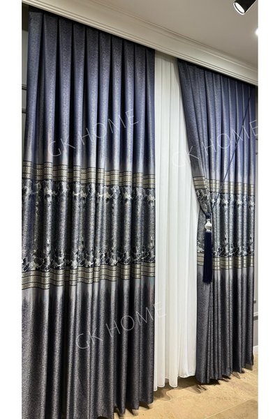 SAYDEMİR HOME Luxury Night Glow Navy Blue Background Curtain Frequent Pleat Single Wing