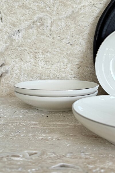 porselenden Modern Gümüş Krem 4 Kişilik 19 Cm Porselen Çukur Yemek Tabağı Seti