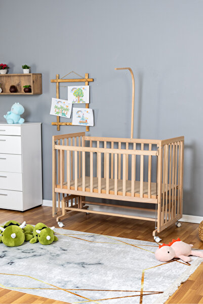 Bamgidoo Doğal Anne Yanı Organik Beşik 70x130 - Pembe Yıldız 3 Yastıklı Uyku Seti Yataklı Tekerlekli