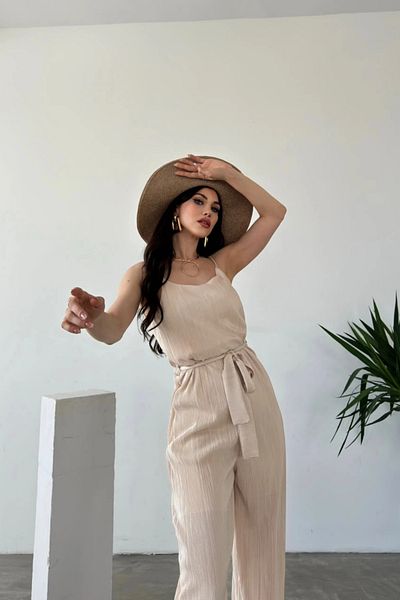 Fav Style Women's Strappy Wide Leg Belted Krinkle Jumpsuit Beige