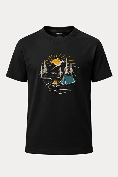 nirvoda Tricou negru unisex cu decolteu rotund cu imprimeu Sunset Camping