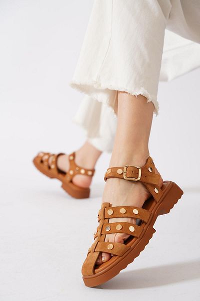 Moda Pie Pexder Toe Closed Trok Khaki Piele Sandale de damă din piele intoarsa maro
