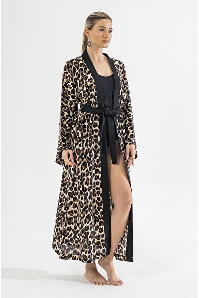BEJ DOKU LEOPAR KİMONO / PAREO % 100 PAMUK