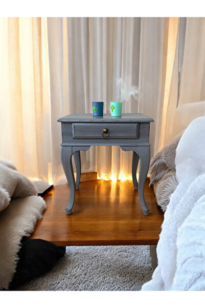 Evim Hizmet Masif Çekmeceli Gri Eskitme Komodin Yan Sehpa - Montaj Dahil - Ad...