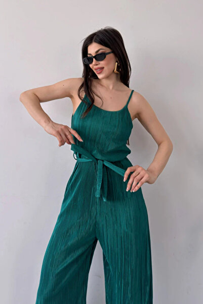 Fav Style Women's Strappy Wide Leg Belted Krinkle Jumpsuit Emerald Green