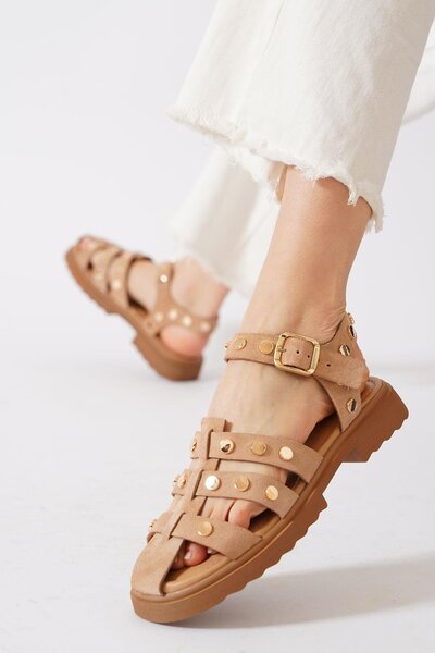 Moda Pie Дамски сандали Pexder със затворени пръсти Troc, цвят каки, ​​от норка и велур