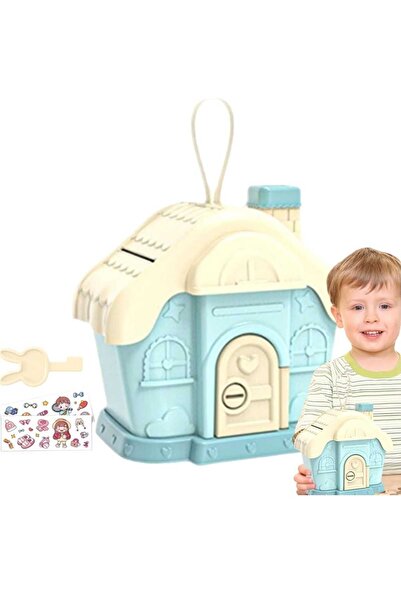 Dalian Home Sevimli Tarz Renkli Ev Baca Kumbara Kilitli Para Banknot Kumbarası Sticker Hediyelik Mavi