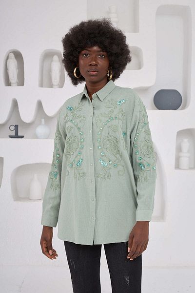 MİA NOURA Women's Front and Sleeves Embroidered Oversize Fit Cut