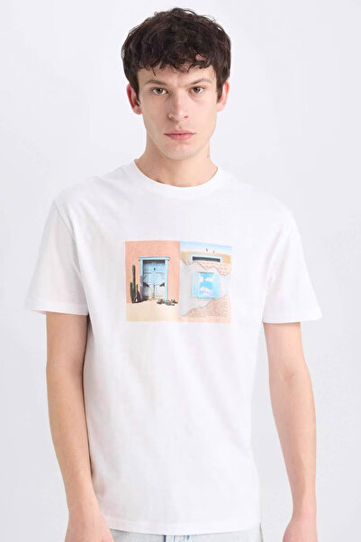 DeFacto 100% Cotton Regular Fit Crew Neck Printed Short Sleeve T-Shirt E0584A...