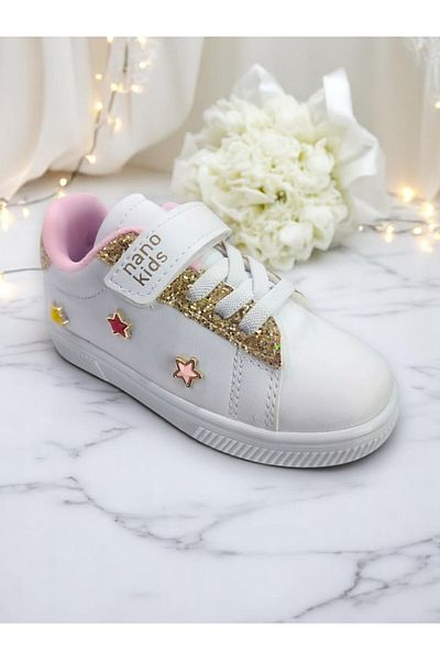 Nano 27105 Pantofi sport albi pentru fete cu detalii stea și sclipici