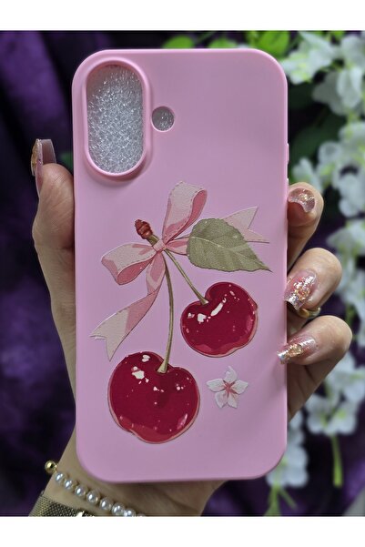 Magic Ring iPhone 16 Uyumlu Kiraz ve Kurdele Desenli İçi Kadife Sert Silikon ...