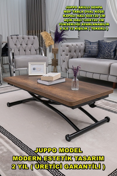 SEHPAM AKILLI Akıllı Sehpa Üst Tabla Mdf Barok Koyu Ceviz Oval Köşe Alt Siyah...