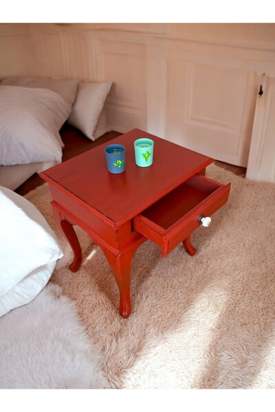Evim Hizmet Masif Çekmeceli Kırmızı Eskitme Komodin Yan Sehpa - Montaj Dahil - Adrese Güvenli Teslimat