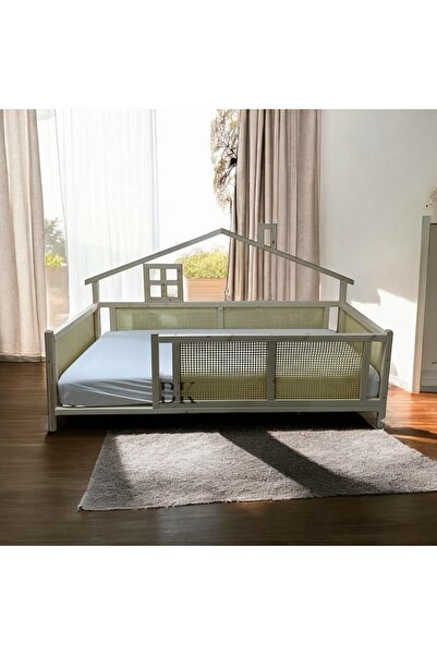 Baby Kinder Hasır Detaylı Wicker Doğal Ahşap Montessori Bebek ve Çocuk Karyolası